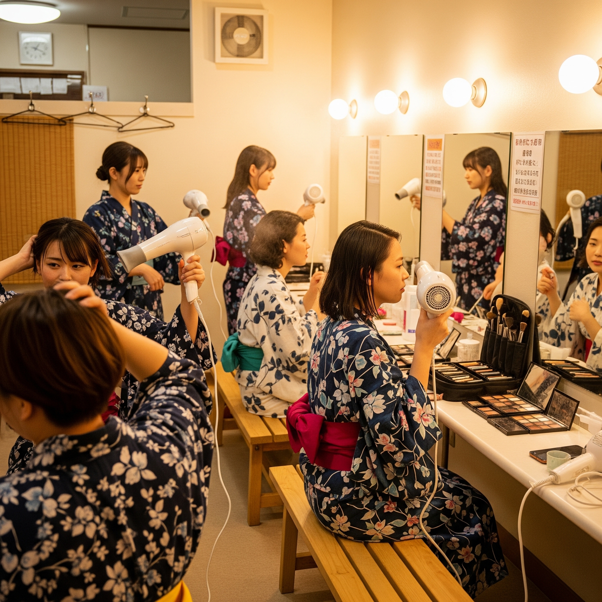 化粧コーナーで髪をかわかしている様子